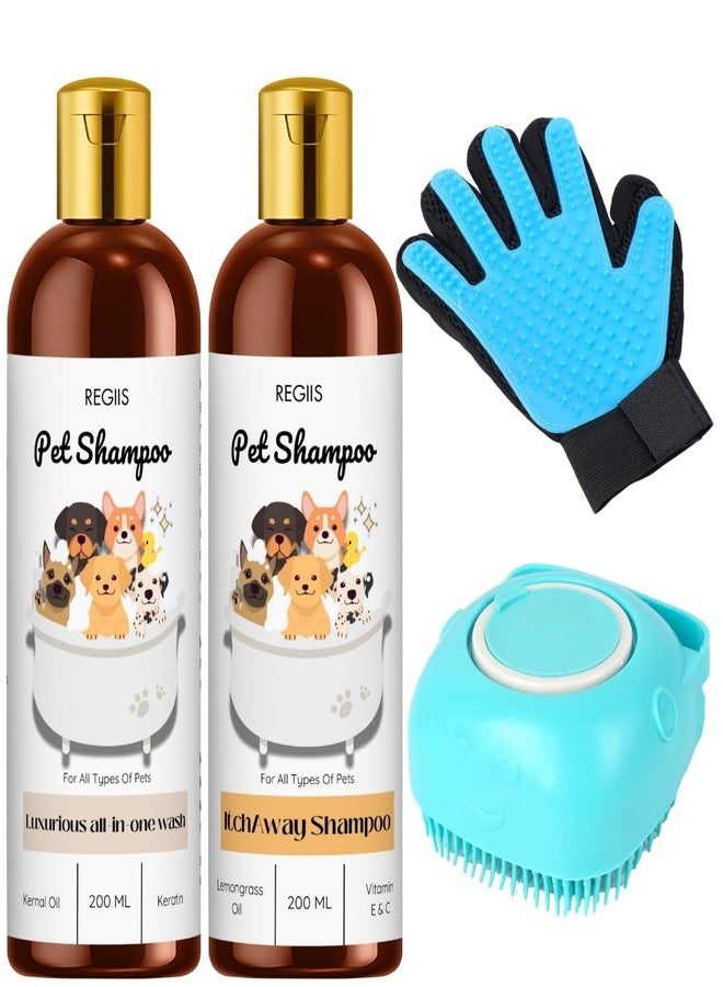 Regiis Pet Grooming Kit with Shampoo, Blue Silicone Brush, Grooming Glove, 200ml All-in-One Wash, Itch Relief Formula for Dogs, Cats, All Pets(PACK OF 4) - Image 1